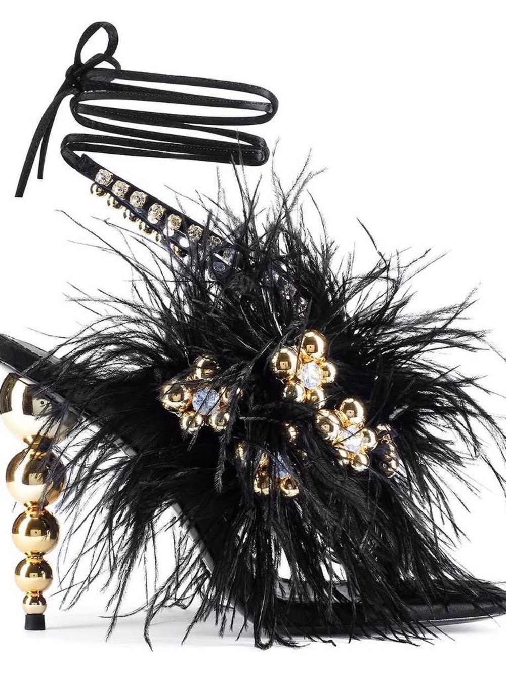 Jennifer Le Black Feather & Gold-Bead Embellished Evening Sandals.